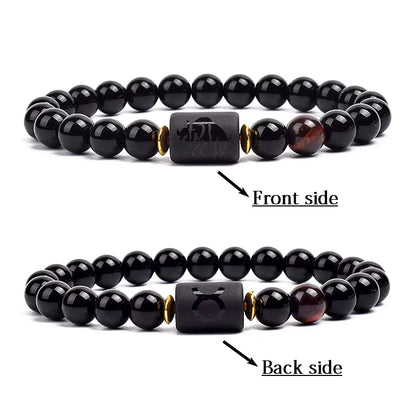 Zodiac Bracelet 12 Signs Women Obsidian Black Onyx Lava 8mm Elastic