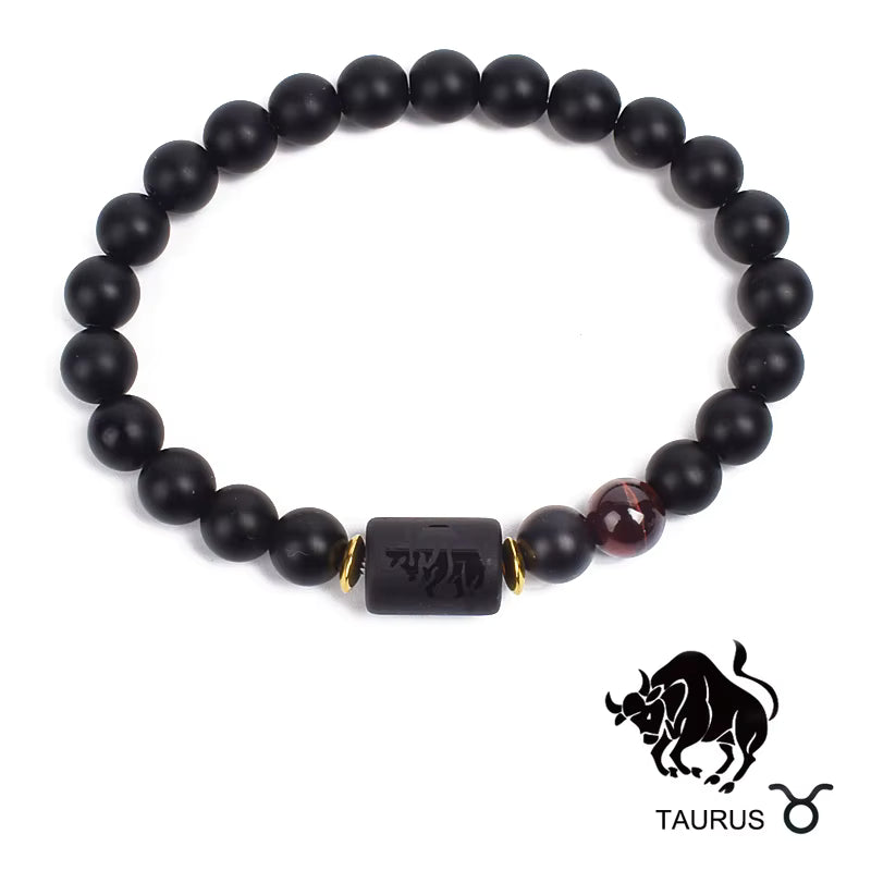 Zodiac Bracelet 12 Signs Women Obsidian Black Onyx Lava 8mm Elastic