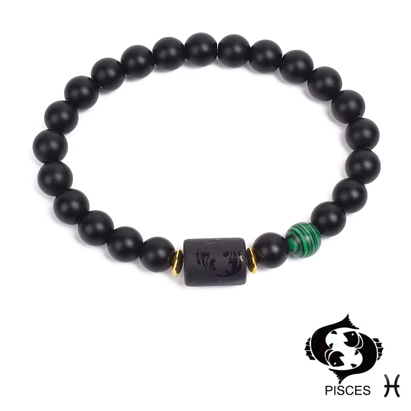Zodiac Bracelet 12 Signs Women Obsidian Black Onyx Lava 8mm Elastic